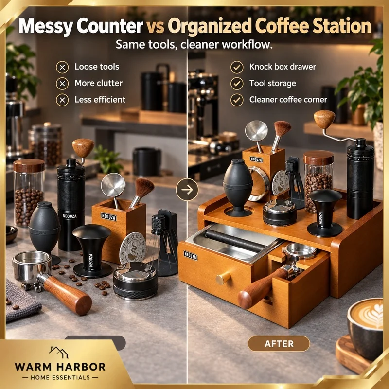 Espresso Tamping Station Solid Wood Coffee Tool Organizer Knock Box Drawer Portafilter Tamper Storage Stand Barista Accessories
