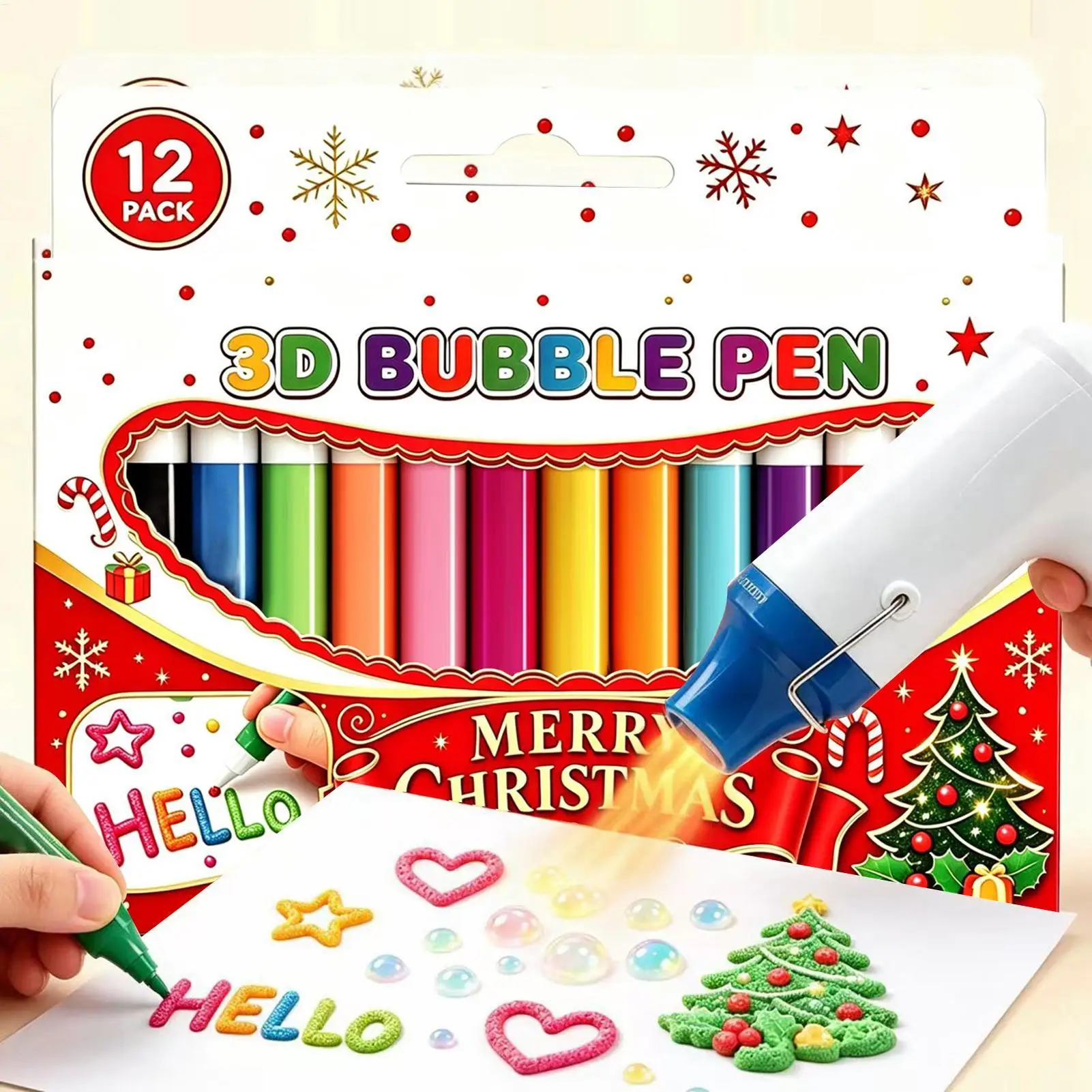 12 Colors 3D Bubble Pen Set Popcorn Paint Markers DIY Art Crafts Drawing Kit Christmas Gift Box for Kids School Home Craft Party