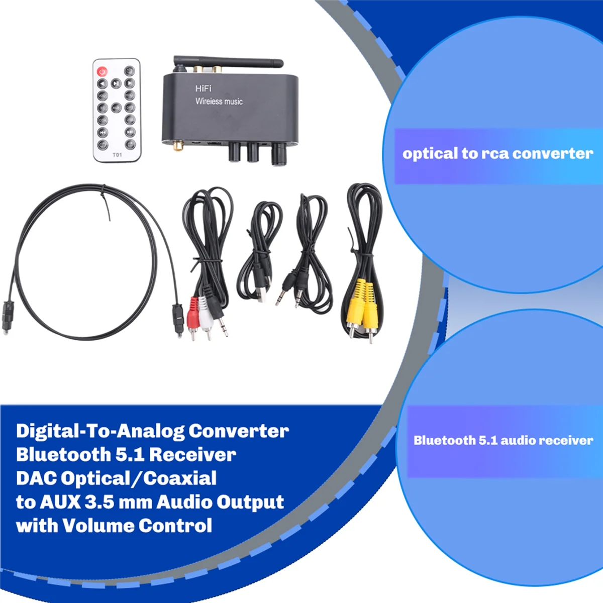 

M20K Digital-To-Analog Converter Bluetooth 5.1 Receiver DAC Optical/Coaxial to AUX 3.5 mm Audio Output with Volume Control