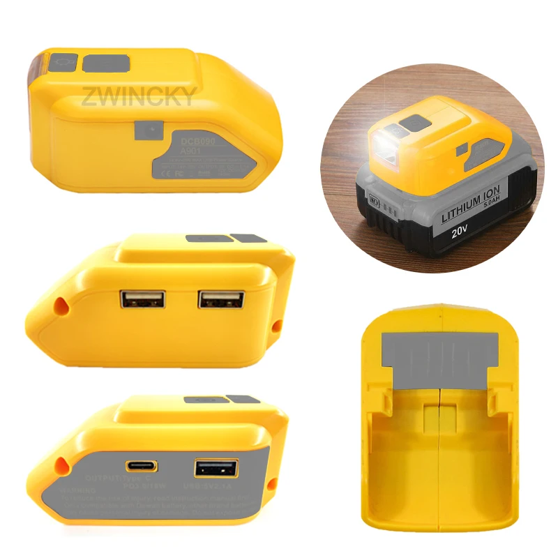 DCB090 Power Source Charger Converter Battery Adapter For Dewal 18V 20V Lithium Battery With USB Type C DC 12V LED Work Light