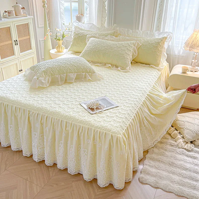 Bedroom Conceal Bed Base Non Slip Bed Skirts Double People Thick Bed Cover Cotton Quilted Dust Ruffle Solid Color Household Use