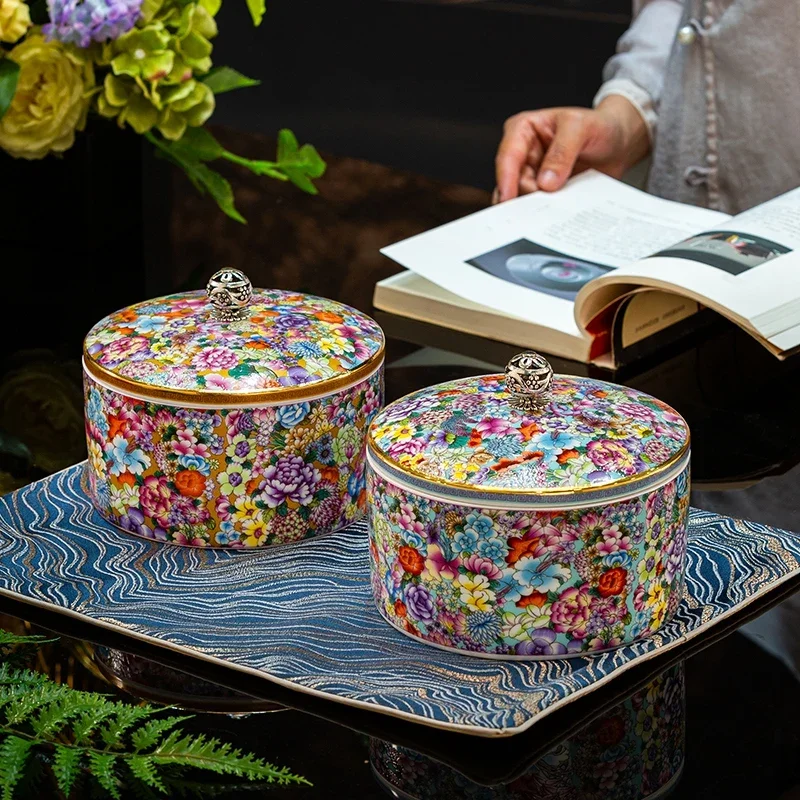 Jingdezhen ceramic enamel color tea jar household moisture-proof candy box with lid sealed large tank mouth storage tank