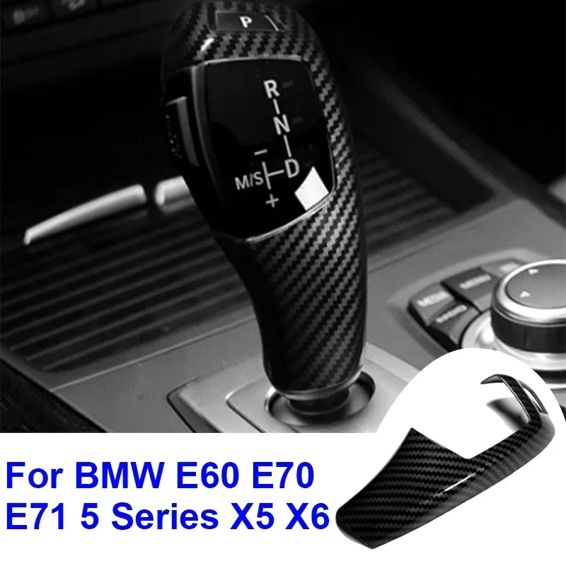 Car Carbon Fiber Print Auto Gear Shift Knob Cover Trim For BMW E60 2008-2010 E70 E71 5 Series -X6 2008-2013 Interior Accessor