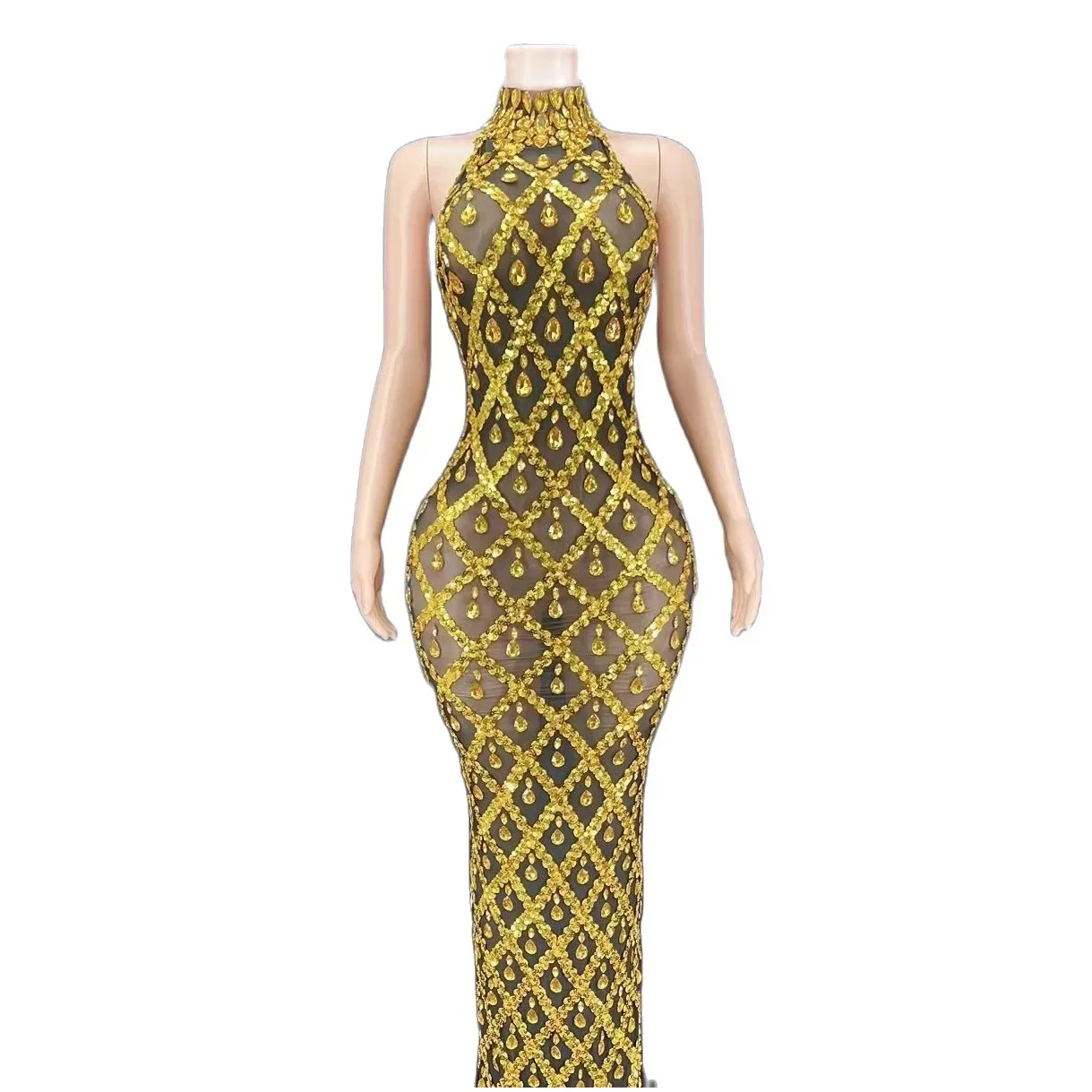 Gold Halter rückenfrei glänzende Strass Kristall Sexy Split Kleid für Frauen Ballsaal Prom Kleidung Promi Festival Kostüme