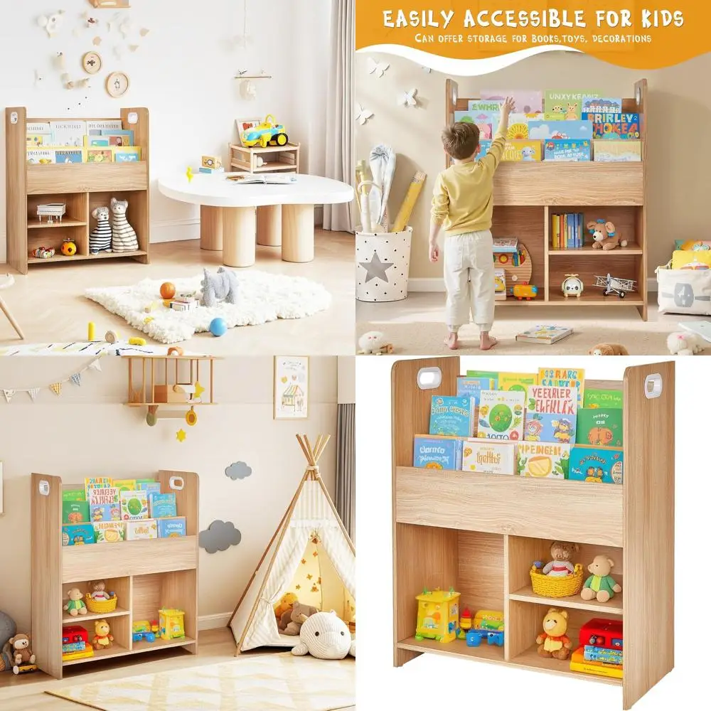 

3-Tier Kids' Wooden Bookshelf with 2-Tier Storage, Ideal for Playroom, Bedroom, or Nursery - Teak Finish