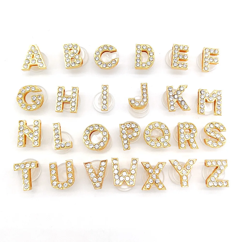 DIY Gold 26 Letters Diamond shoe charms for Clogs Sandals Decorations Shoes Accessories Slogan Designer Shoe Decoration Gift