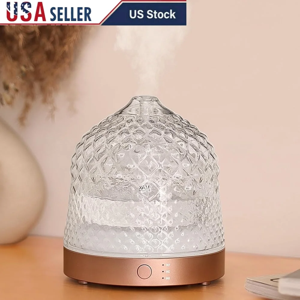 

Ультразвуковой диффузор эфирного масла, 200 мл, стеклянный резервуар, диффузор для ароматерапии с красочным световым таймером, легко чистится, тихий дизайн