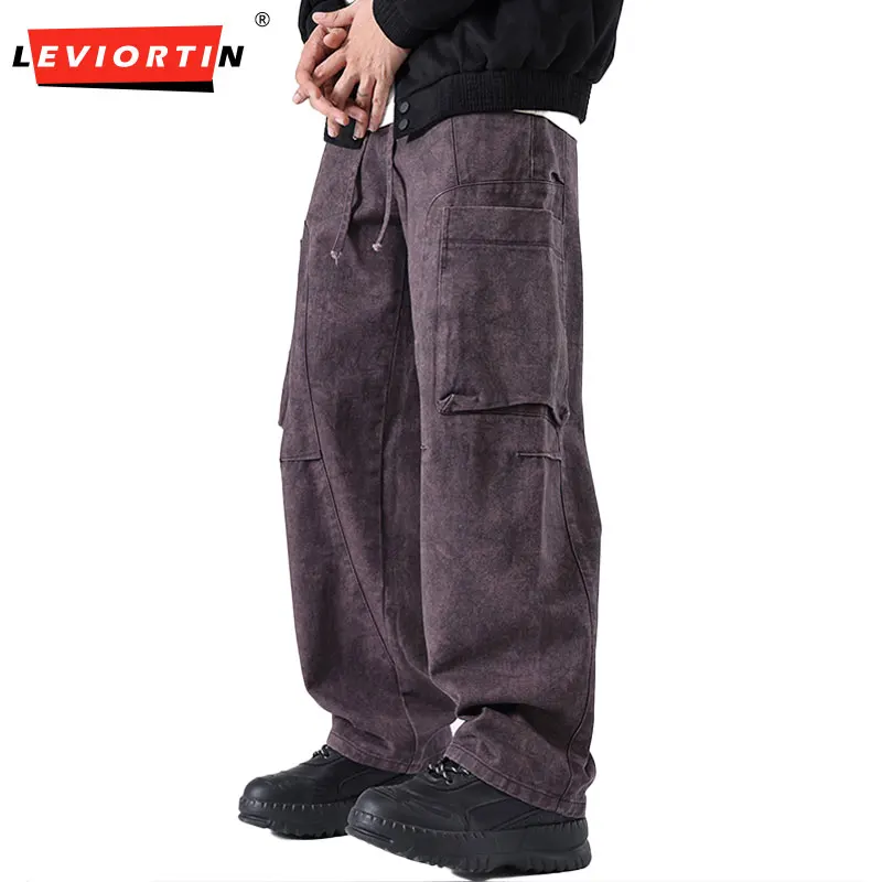 Men'S Heavy-Duty Dirty-Looking Curved Saber Workwear Pants Fashion Outdoor Straight Tube Trousers Pure Cotton Washed Cargo Pants