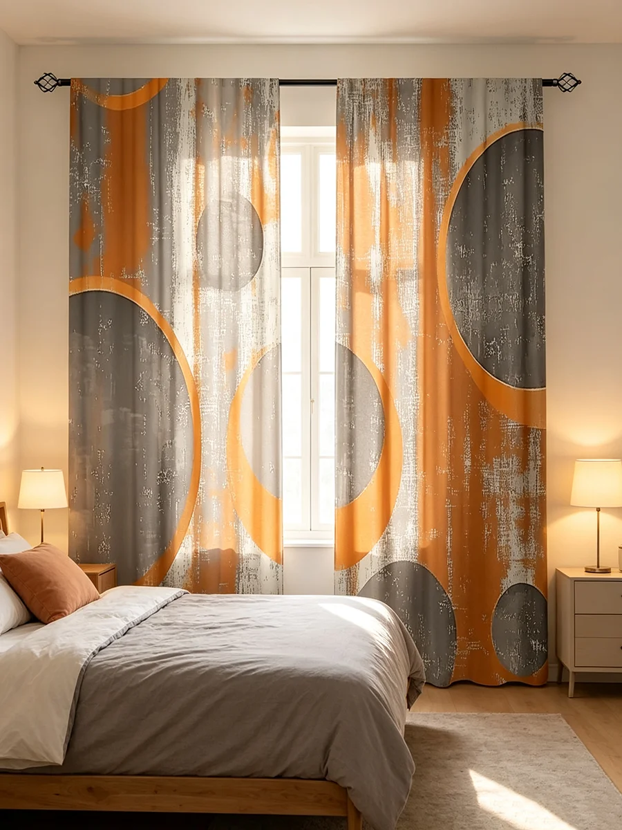 2PCS Digital Printed Curtains, Grey Orange Tones Modern Abstract Pattern, Semi Sheer Minimalist Decor for Bedroom Living Room Ki