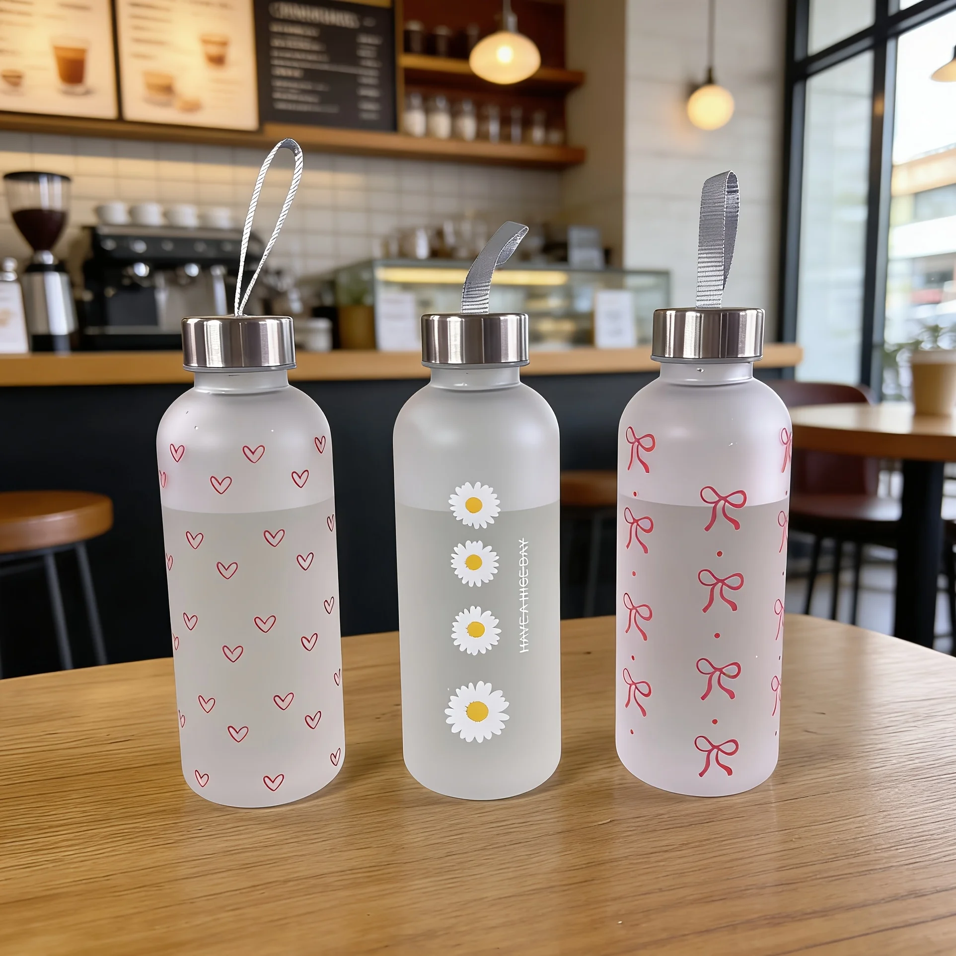 Fresh matte finish water bottle, portable cup, high-value design, daisy heart bow, 16.91oz tassel cup.