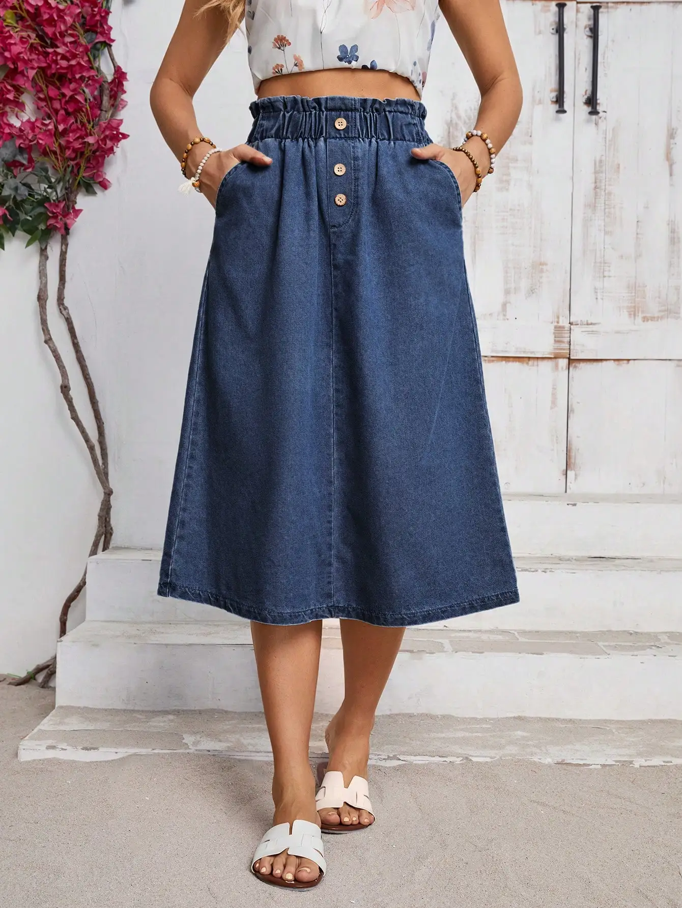 

Women's High-Waisted Denim Midi Skirt with Button Front and Pockets