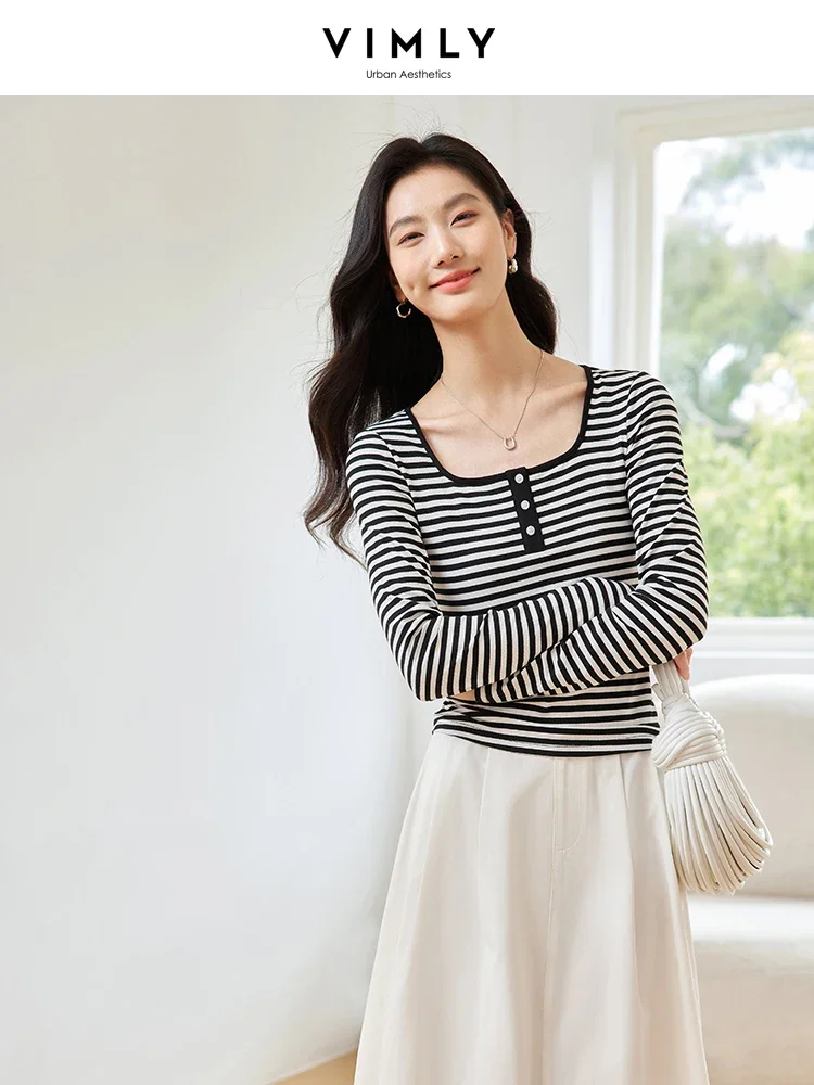 VIMLY Women's Autumn Classic Black and White Striped T-Shirts New Long Sleeve Square Neck Casual Versatile Commuter Loose Top