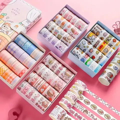 20 Rolls Boxed Kawaii Washi Tape Set, Cute Cartoon DIY Masking Tape, Grid Sticky Note Paper for Scrapbooking & Journaling