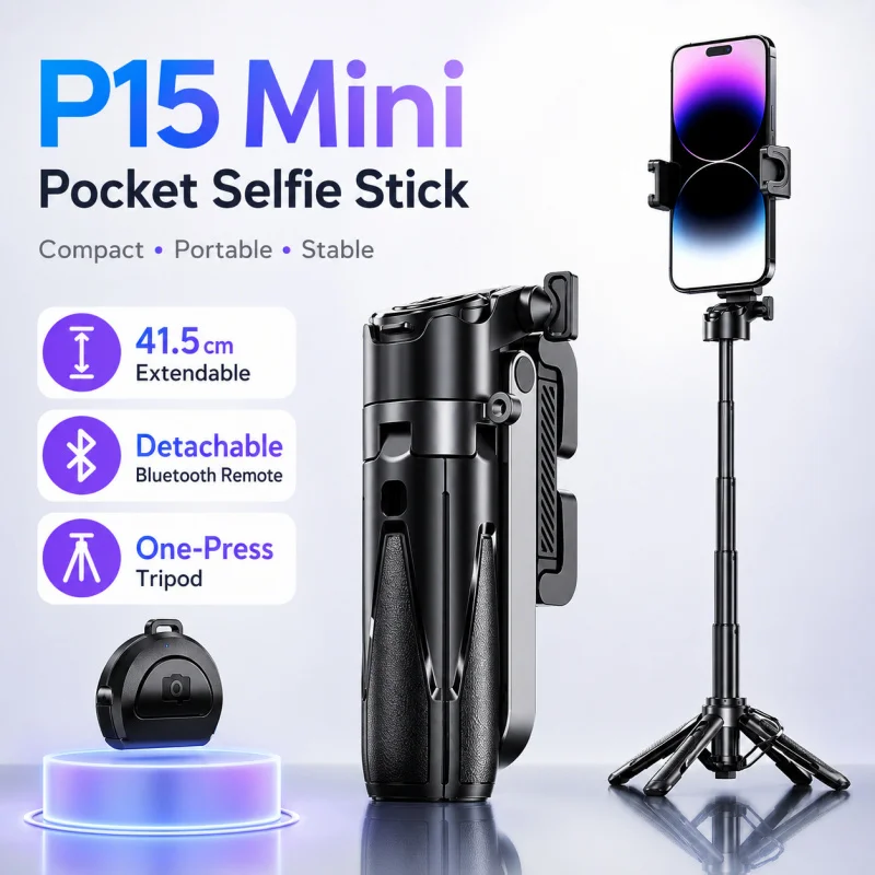 P15 Mini Pocket Selfie Stick Tripod with Bluetooth Remote, Portable Extendable Phone Holder Stand for iPhone Android Travel Vlog