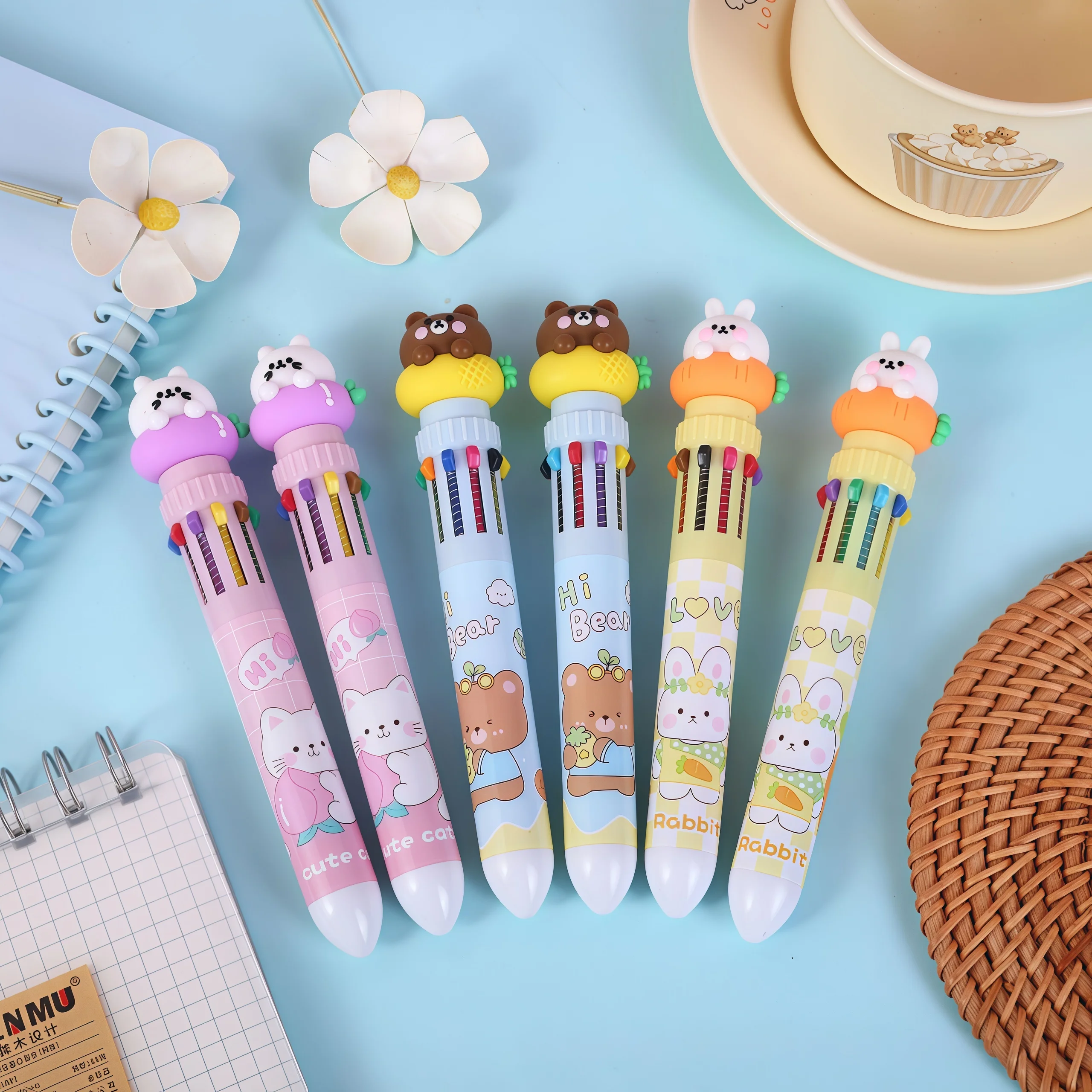 Cute Rabbit Cartoon 10-Color Retractable Ballpoint Pen, Ins-Style High-Look Multi-Color All-In-One Pen for Students' Journaling