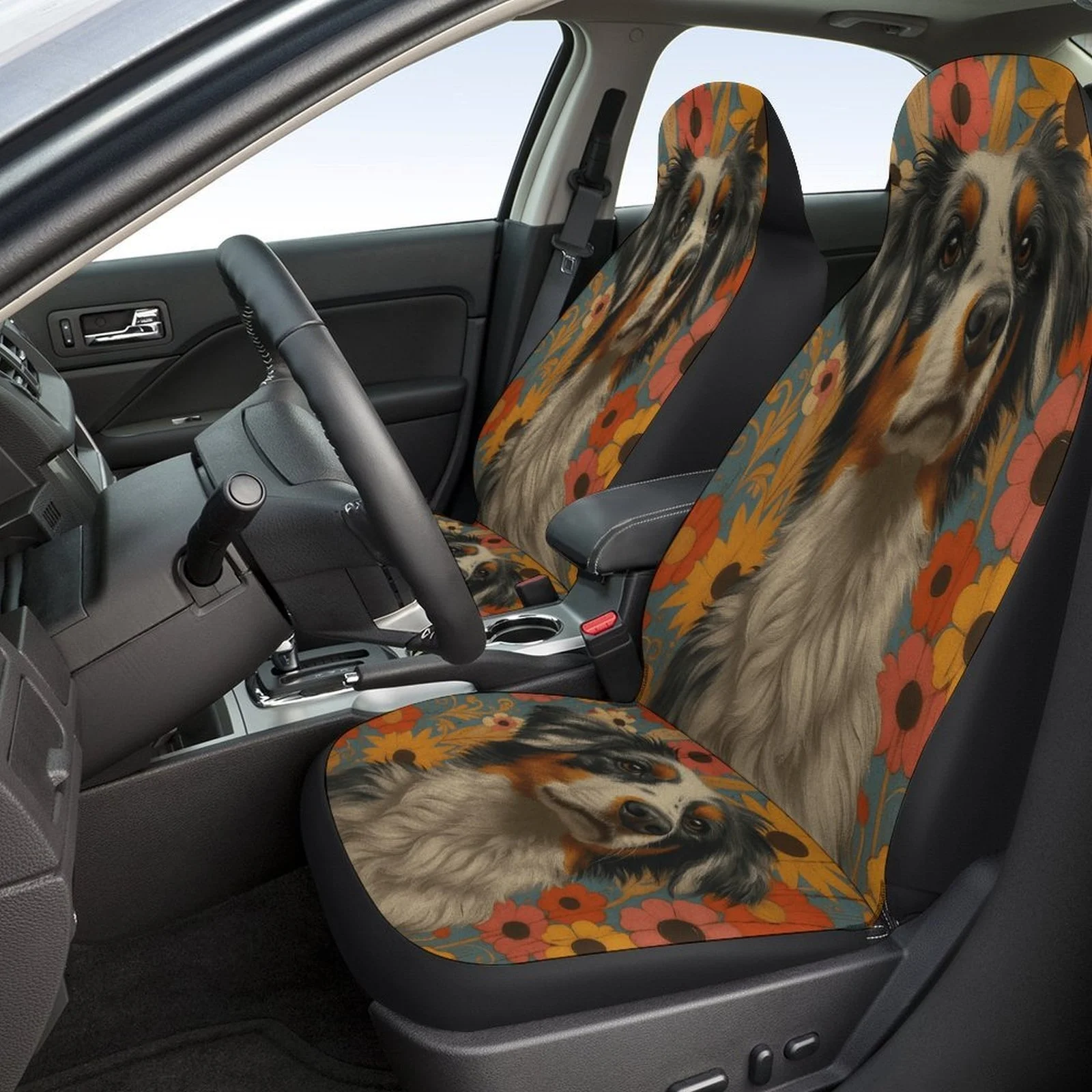 Floral Dog Portrait Designed Car Seat Cover Set For Most Cars, High-quality Comfortable Car Seat Protector Covers Full Set, Car