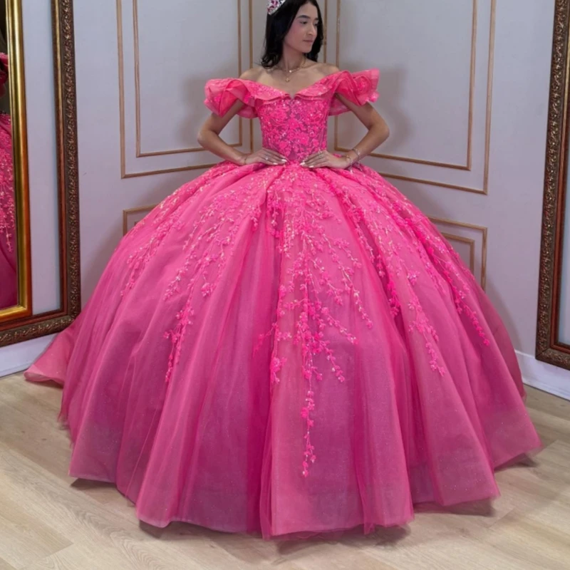 

Rose Red Shiny Quinceanera Dresses Ball Gown Off The Shoulder Sequin Applique Lace Beads Tull Corset Party Birthday Sweet 16