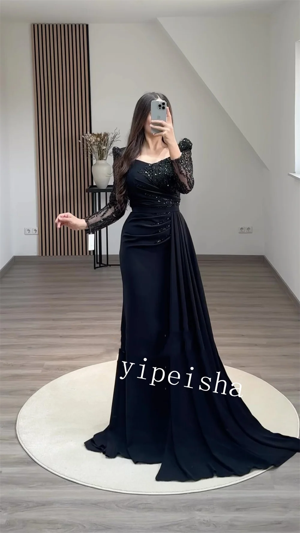 Hochwertige funkelnde exquisite Jersey Pailletten falte Quince anera Scheide V-Ausschnitt maßge schneiderte Anlass Kleid lange Kleider