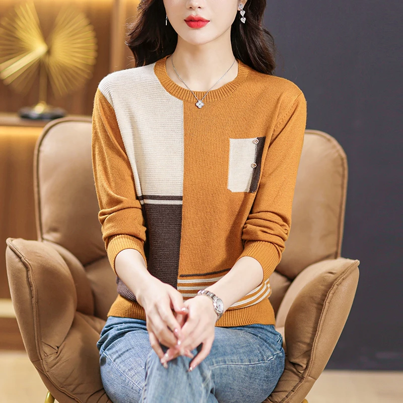 

Women's Jumper Spliced Fashion Loose Knitted Tops Autumn New Loose Casual Simple All-match Sweaters