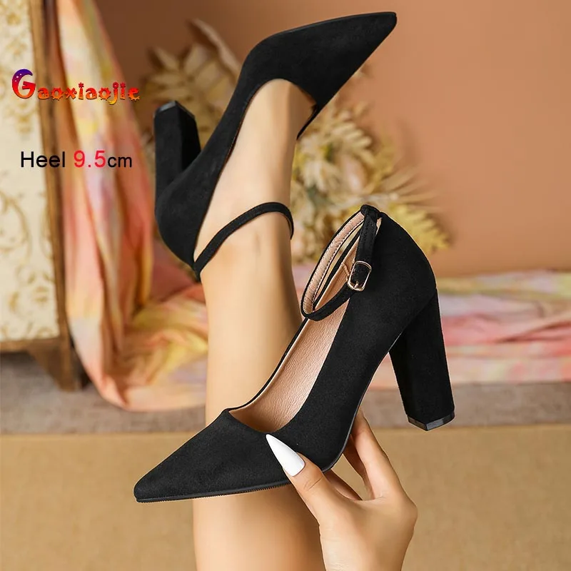 

Новые модные женские туфли-лодочки 2026 года с острым носком, неглубоким вырезом, на толстом каблуке, замшевые, на высоком каблуке 9,5 см, для банкетов