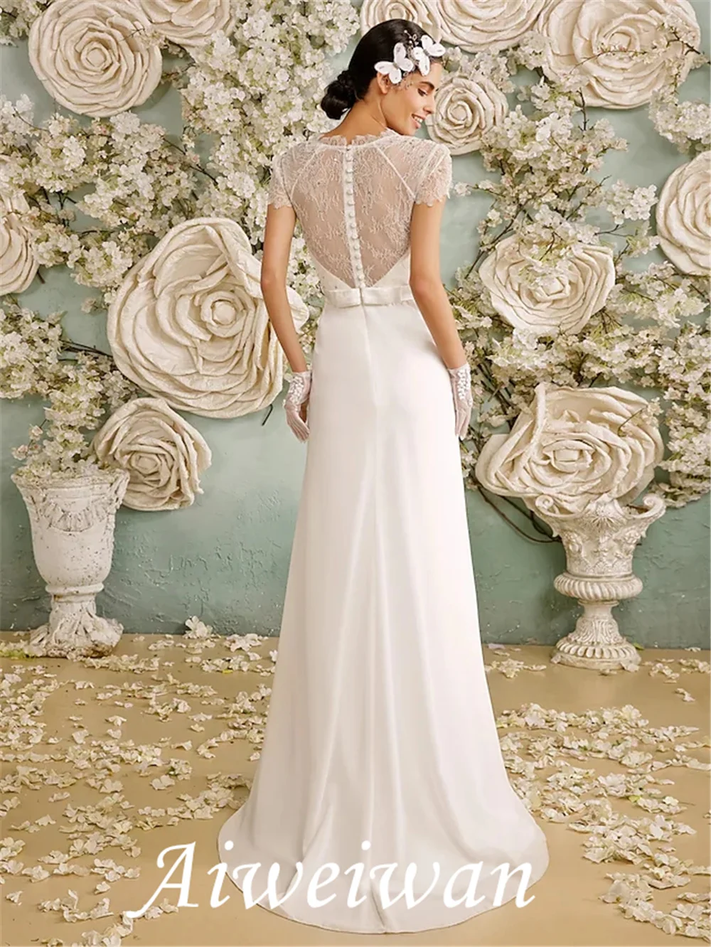 Guaina/colonna abiti da sposa Chiffon trasparente pizzo manica corta Casual Vintage trasparente Plus Size Backless con bottone in cristallo