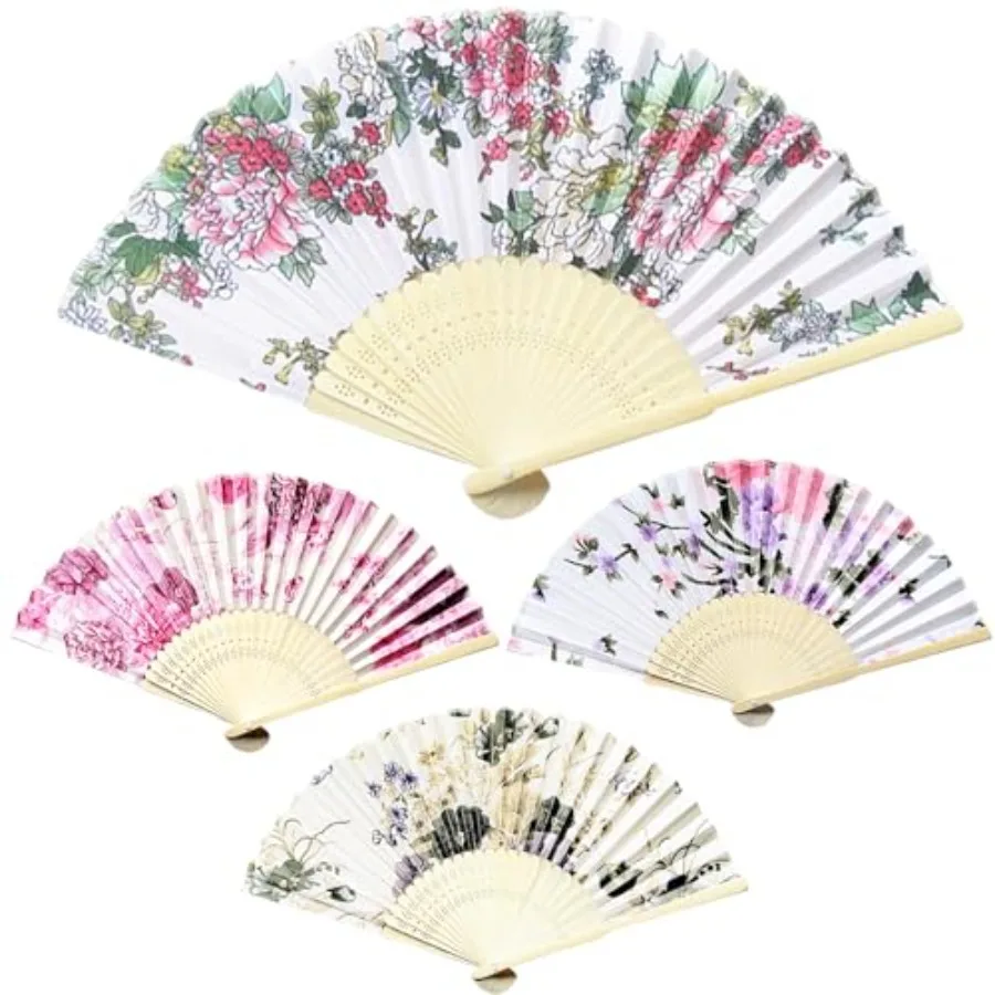 4 Éventails pliants en bambou, style japonais et chinois, pour mariage, en bois et tissu, format poche, avec motif A M