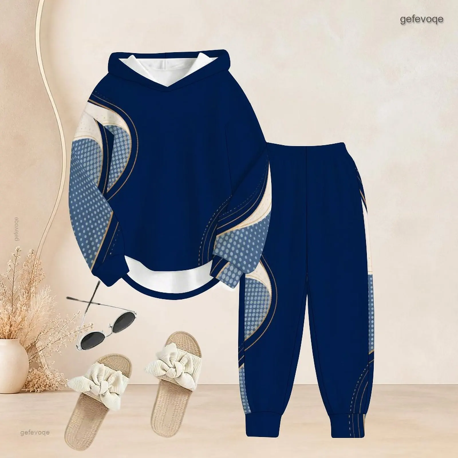 Women Long Sleeve Hooded Top Cuffed Pants Two Piece Printed Pants Set