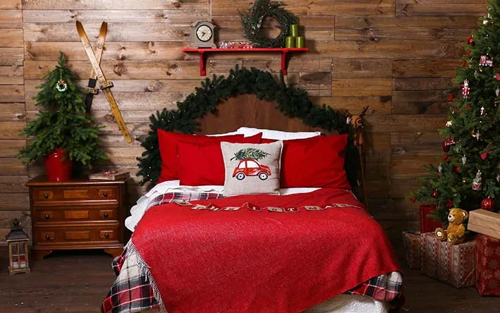 Indoor Christmas Background Winter Christmas Headboard Beds Xmas Trees Kids Family Portrait Comfortable Beds Decor Backdrop