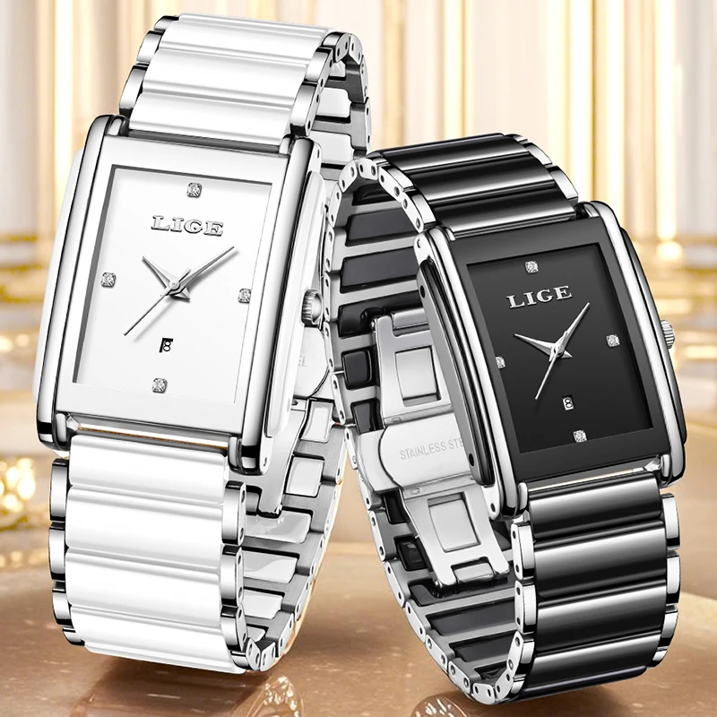 LIGE 2026 TOP NEW Ceramic Square Women's Elegant Analog quartz wristwatch clock Latest Design Business Fashion Style Luxury+Box