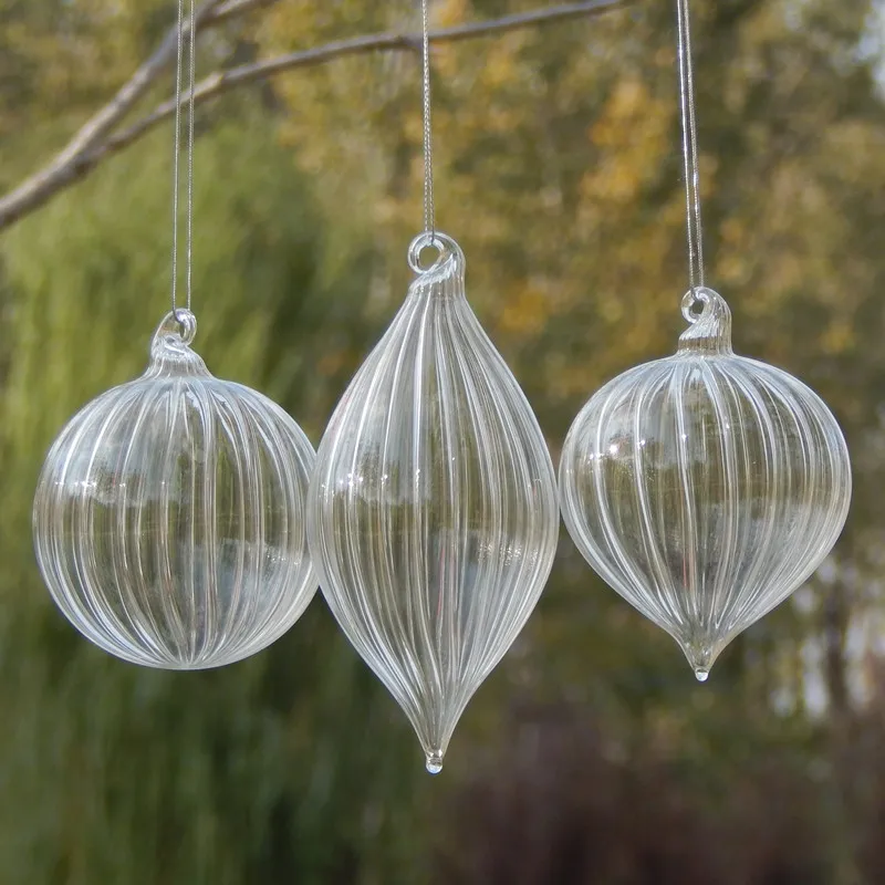 

Free Shipping 8pcs/pack Different Shape Transparent Striped Glass Pendant Christmas Day Hanging Ornament Globe Onion Cone Drop