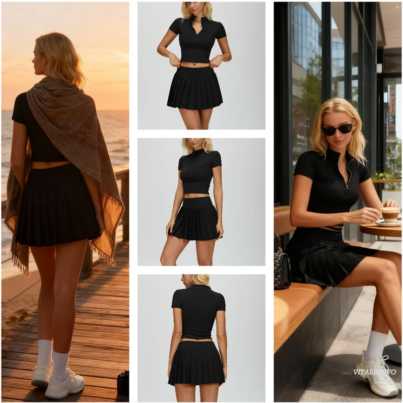 VITALINOVO Tennisrock-Sets für Damen, Rundhals-Camisole-Oberteil, passend dazu hochtaillierter, plissierter Sportrock für Damen, ideal für Tennis, Golf und Workouts – Detail 14