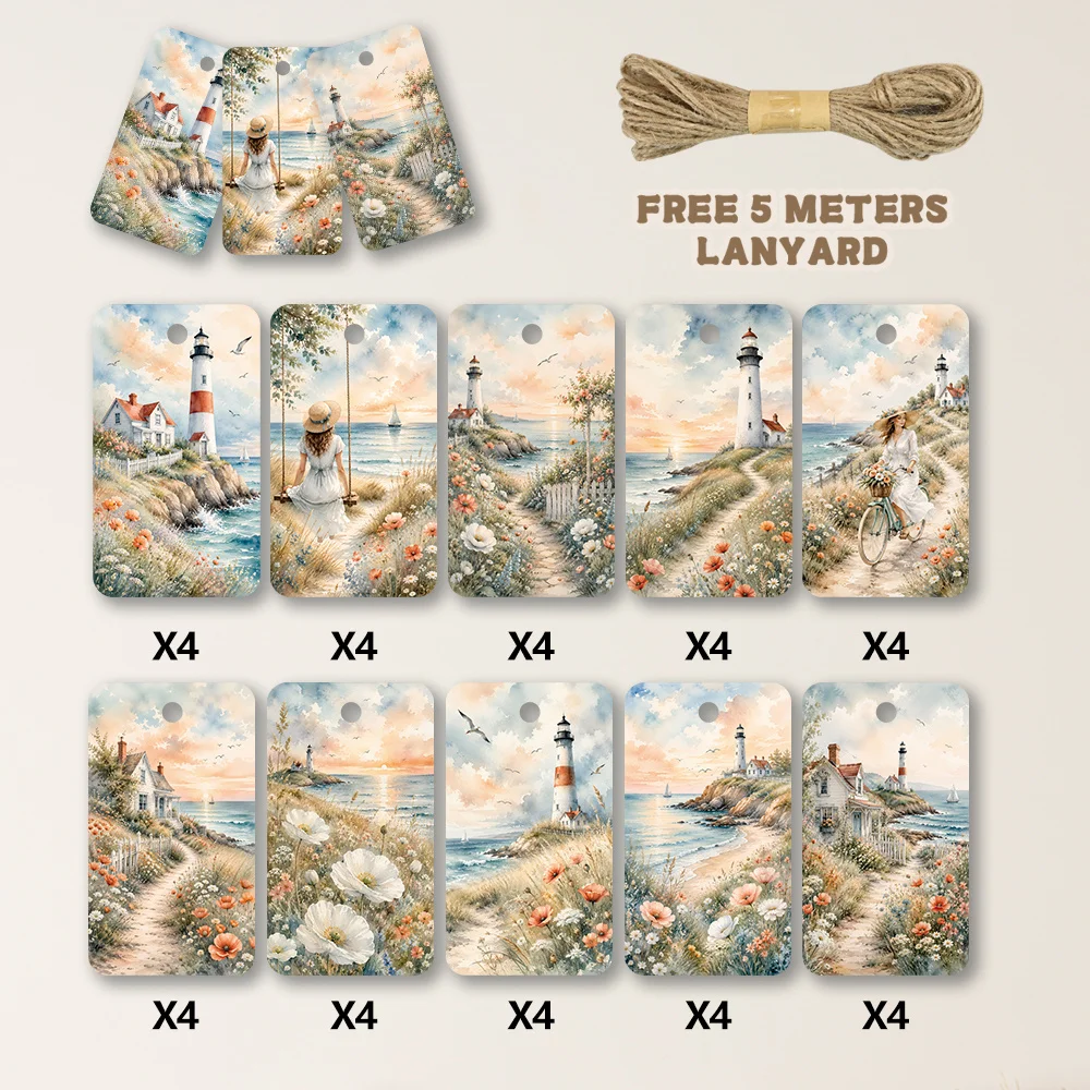 40pcs, Gift Tags, Summer Beach Lighthouse Art, Hanging Paper Labels for Gift Wrapping, Holiday Party Decor with String