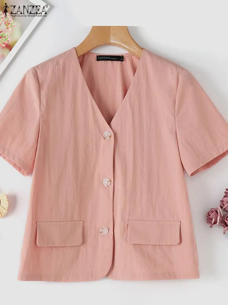 ZANZEA Elegant V Neck Shirt Tops Korean Fashion Solid Color Button Up Office Lady Blouses Women Short Sleeve Commute Overshirt