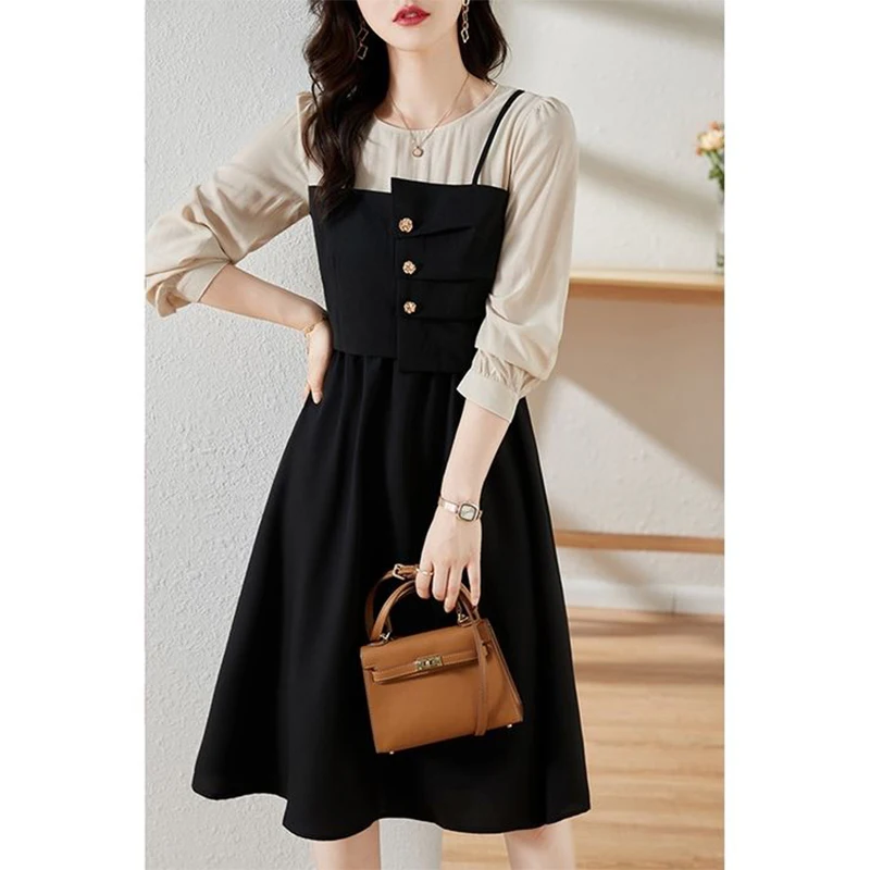 Spring Autumn Fake Two Pieces Pleated Buttons Robe Femme Long Sleeve Elegant Fashion Patchwork Vestido Women Casual A-line Dress