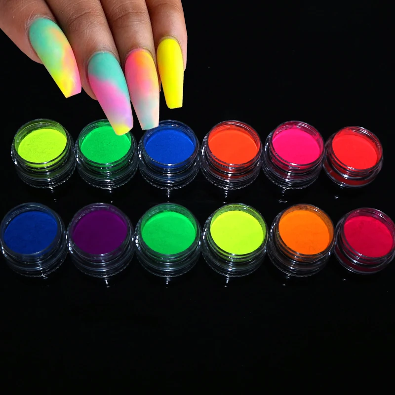Neon Phosphor Pigment Powder Fluorescent Nail Glitter Set Shinny Ombre Chrome Dust DIY Gel Polish Manicure Nails Art Decoration image 2