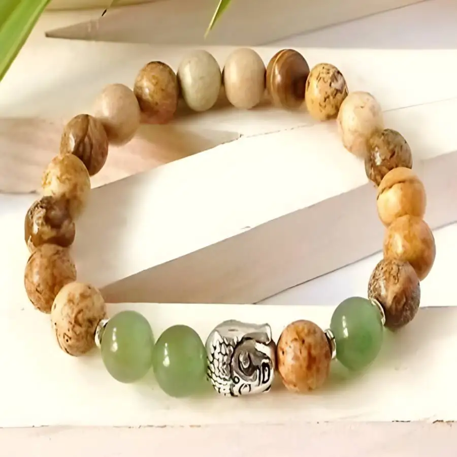 

Natural Picture Jasper & Green Aventurine Beaded Bracelet with Silver Buddha Head Charm Spiritual Jewelry