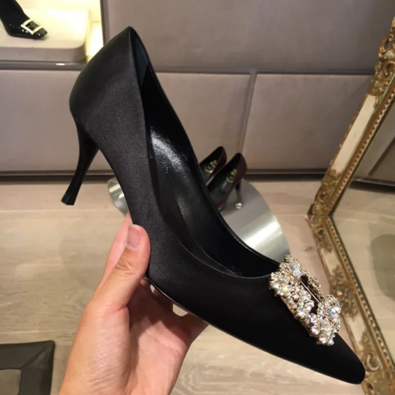 Women Rhinestone Square Buckle Wedding Brides Shoes Pointed Toe Stiletto Pumps Satin Finish High Heels Botines Mujer Con Tacon