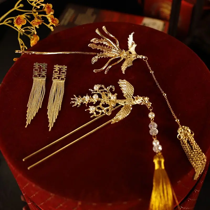 Golden Dragon and Phoenix Jacket Headwear Tassel Phoenix Hairpin Xi Zi Xiuhe Bride Headwear Wedding New Chinese Cheongsam