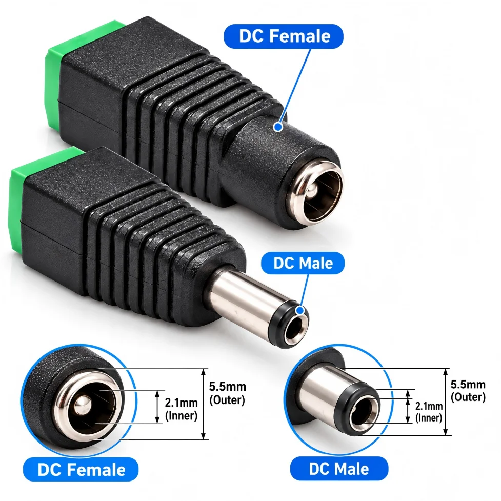 5.5x2.1mm DC Male Female Power Connector 5-38V 10PCS Plug Jack Socket Adapter for Signal Color LED Strip Light CCTV Camera