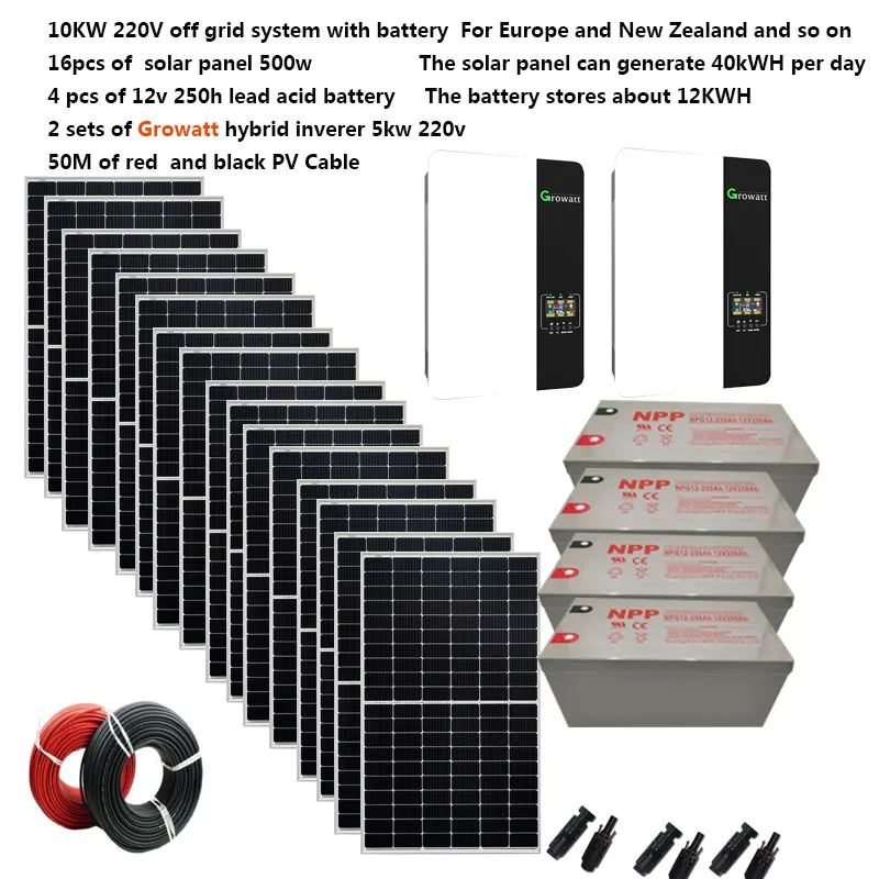 Solar Kit Complete For Home Kit With Battery 10000W 220V AC Off Grid Solar Panel 500W Growatt UPS Hybrid Inverter MPPT Farm Pool