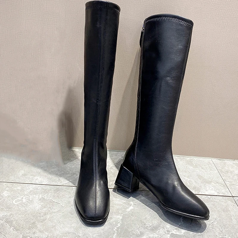 2022 Knee High Boots Women Fleece Chunky High Heels Back Zipper Thigh High Boots PU Leather Shoes Fashion Winter Long Boots