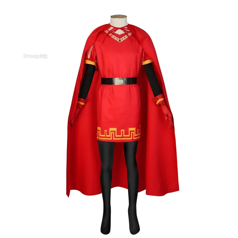 Lord Farquaad คอสเพลย์อะนิเมะเครื่องแต่งกายชุดเสื้อคลุมถุงมือหมวกชุดคอสเพลย์ยุคกลางปาร์ตี้ฮาโลวีนชุดสีแดงสําหรับเด็กผู้หญิงผู้ชาย