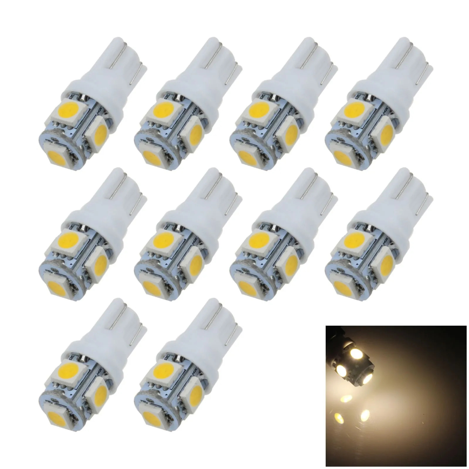 

10x Warm white Auto T10 W5W Wedge Light Parking Bulb 5 Emitters 5050 SMD LED 585 655 656 A007-WN