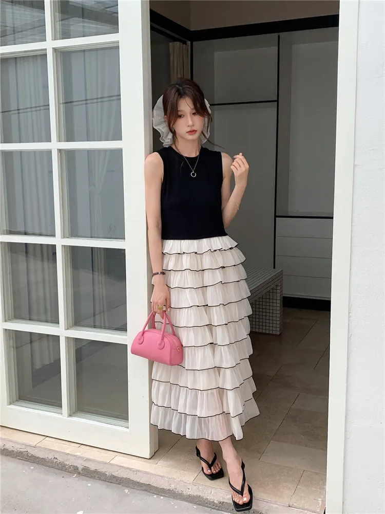 Coreano retro cor contraste babados em camadas bolo vestido o pescoço falso 2 peça sem mangas de malha retalhos tanque colete vestido vestidos