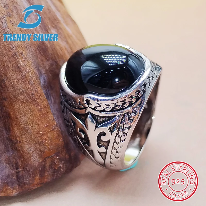 luxury Mens Man rings real 925 sterling silver certified original jewelry for men natural gemstone black onyx stone ring male