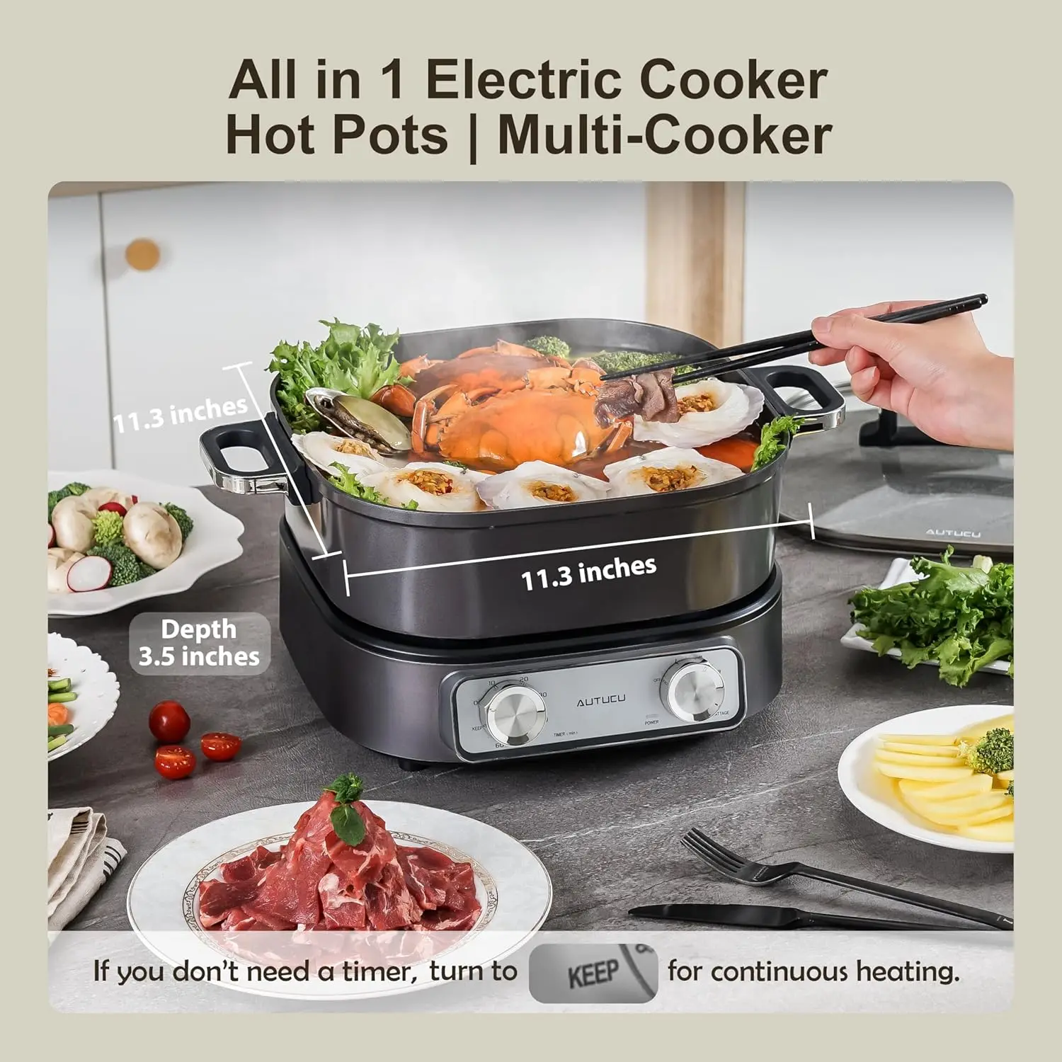 Hot Pot 6-Quart & Multi-Cooker | Non-Stick Electric Skillet with PFOA-Free Ceramic-Coated Pot, 3 Power Settings & Timer, 1600W f