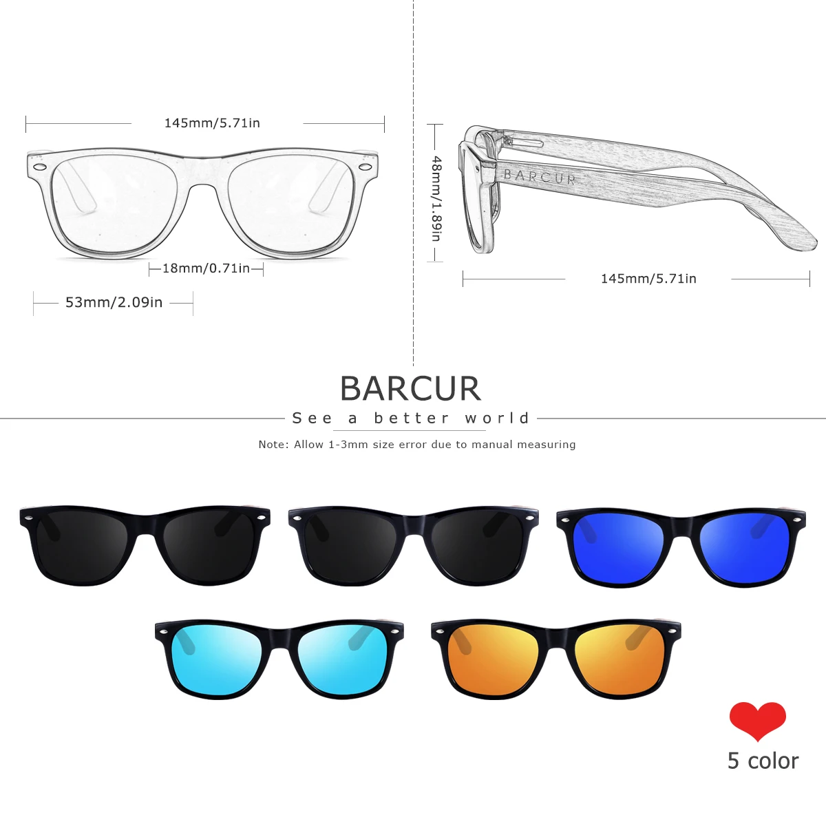 BARCUR Women's College Style Box Casual Polarized Sunglasses Wooden Glasses Foot Driving Tour Self Driving Tour Men's Glasses