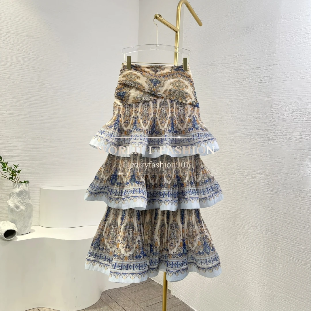 ชุดเสื้อเบลาส์แขนสั้นพิมพ์ลายเพสลีย์สีเทาแฟชั่นใหม่ปี 2025 พร้อมกระโปรงจีบระบายเป็นชั้นๆ