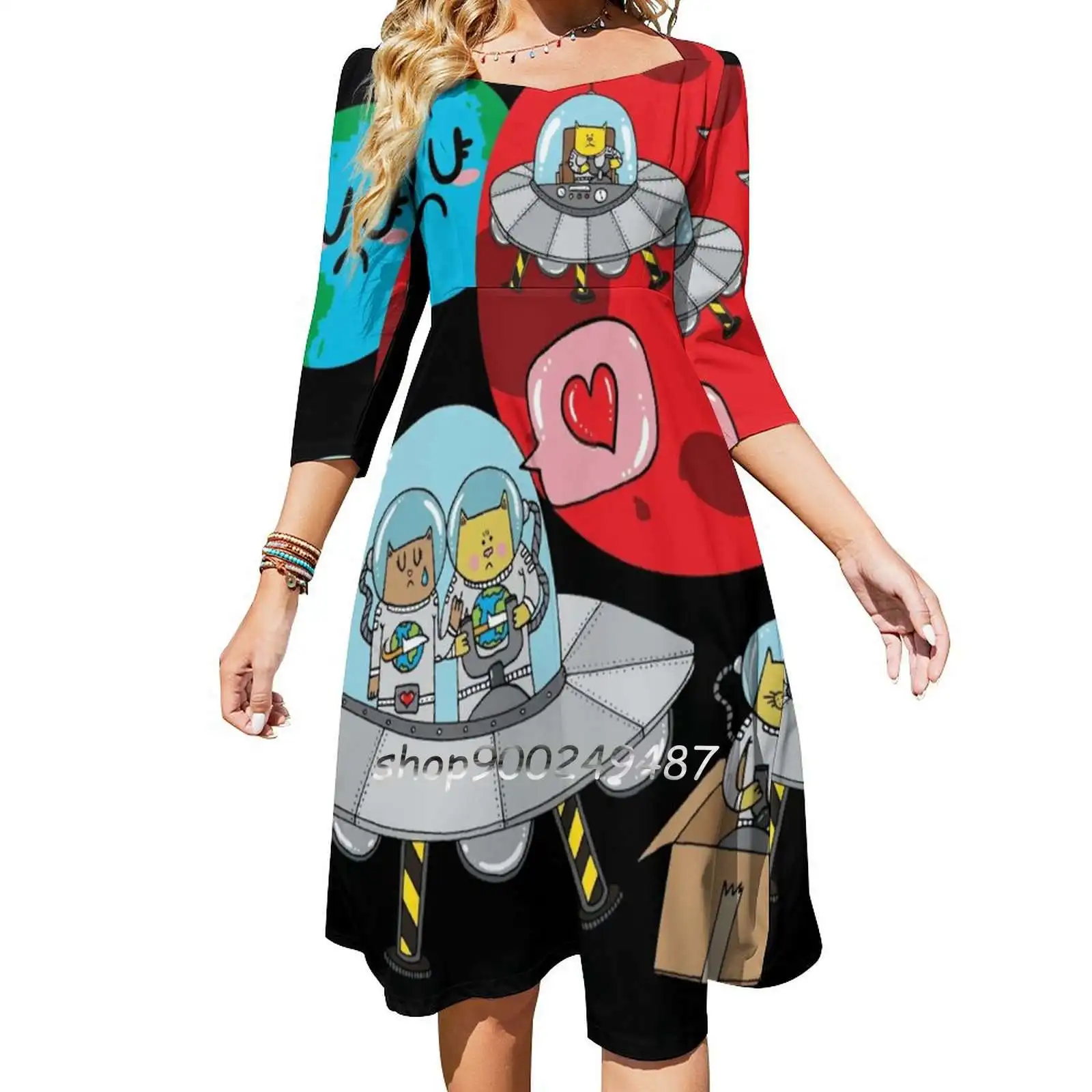 Space Cats Flare Dress Square Neck Dress Elegant Female Fashion Printed Dress Cats Space Cats Kitty Astronaut Cosmonaut Meow