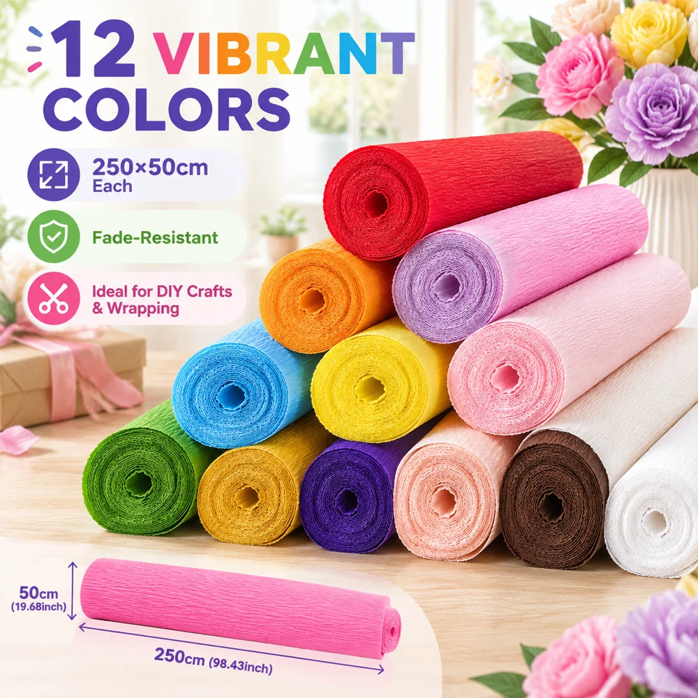 50x250cm High Quality Crepe Paper Roll, Colorful Crinkled Craft Paper for DIY Flowers, Decorations & Gift Wrapping